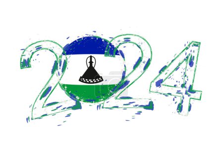 Ilustración de 2024 Año en estilo grunge con la bandera de Lesotho. - Imagen libre de derechos