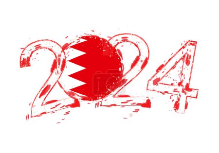 Ilustración de 2024 Año en estilo grunge con la bandera de Bahréin. - Imagen libre de derechos