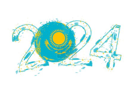 Ilustración de 2024 Año en estilo grunge con la bandera de Kazajstán. - Imagen libre de derechos