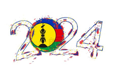 Ilustración de 2024 Año en estilo grunge con bandera de Nueva Caledonia. - Imagen libre de derechos