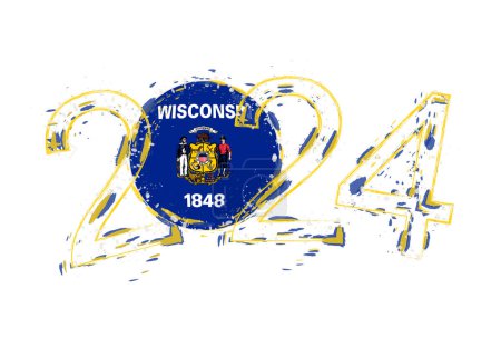 Ilustración de 2024 Año en estilo grunge con la bandera de Wisconsin. - Imagen libre de derechos
