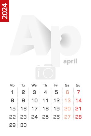 Téléchargez les illustrations : Modèle de calendrier minimaliste pour avril 2024, calendrier vectoriel en anglais. - en licence libre de droit