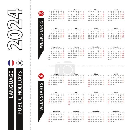 Téléchargez les illustrations : Deux versions du calendrier 2024 en français, la semaine commence à partir du lundi et la semaine commence à partir du dimanche. - en licence libre de droit