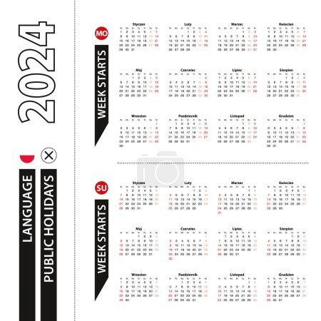 Ilustración de Dos versiones del calendario 2024 en polaco, la semana comienza el lunes y la semana comienza el domingo. - Imagen libre de derechos