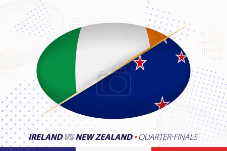 Illustration for Rugby quarter-final match between Ireland and New Zealand, concept for rugby tournament. Vector flags stylized in shape of oval ball. - Royalty Free Image