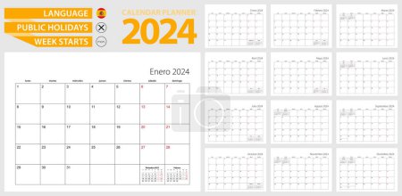 Spanischer Kalenderplaner für 2024. Spanische Sprache, Woche beginnt ab Montag.
