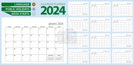 Planificador de calendario portugués para 2024. Idioma portugués, semana comienza el domingo.