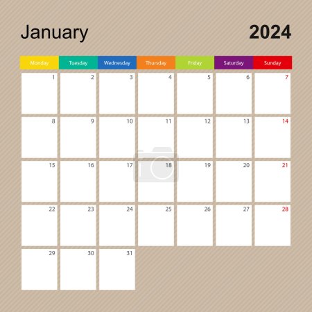 Página de calendario para enero de 2024, planificador de paredes con diseño colorido. La semana comienza el lunes.