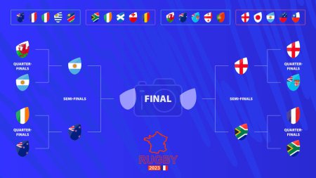 Illustration for Rugby tournament bracket with flags of Semi-final participants. Rugby competition 2023 schedule on abstract background. Vector illustration. - Royalty Free Image