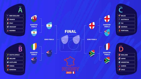 Illustration for Rugby 2023 playoff match schedule filled until the semi finals  with national flags of international rugby tournament participants. Vector illustration. - Royalty Free Image
