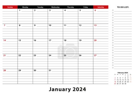 Illustration for January 2024 Monthly Desk Pad Calendar week starts from sunday, size A3. - Royalty Free Image