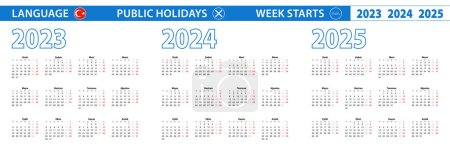 Simple calendar template in Turkish for 2023, 2024, 2025 years. Week starts from Monday.