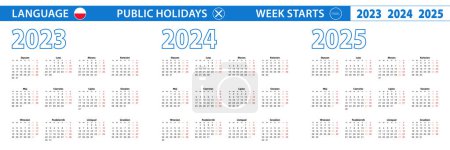 Modèle de calendrier simple en polonais pour 2023, 2024, 2025 ans. La semaine commence à partir de lundi.