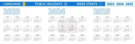 Téléchargez les illustrations : Modèle de calendrier simple en roumain pour 2023, 2024, 2025 ans. La semaine commence à partir de lundi. - en licence libre de droit