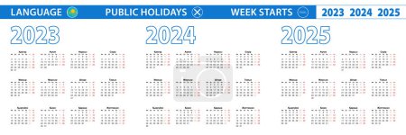 Téléchargez les illustrations : Modèle de calendrier simple en kazakh pour 2023, 2024, 2025 ans. La semaine commence à partir de lundi. - en licence libre de droit