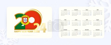 Ilustración de Horizontal Pocket Calendar 2024 en lengua portuguesa. Año Nuevo 2024 icono con la bandera de Portugal. - Imagen libre de derechos