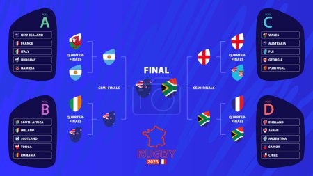 Rugby 2023 Playoff-Spielplan gefüllt bis zum Finale mit nationalen Flaggen der internationalen Rugby-Turnier-Teilnehmer. Vektorillustration.