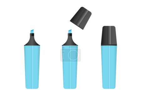 Illustration for Blue highlighter marker, 3 versions of marker in blue color. Vector set. - Royalty Free Image