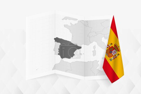 Ilustración de Un mapa a escala de grises de España con una bandera española colgada en un lado. Mapa vectorial para muchos tipos de noticias. - Imagen libre de derechos