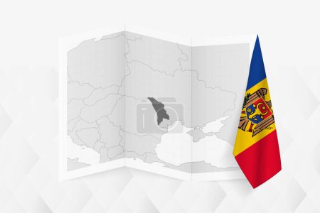 Ilustración de Un mapa a escala de grises de Moldavia con una bandera moldava colgada en un lado. Mapa vectorial para muchos tipos de noticias. - Imagen libre de derechos