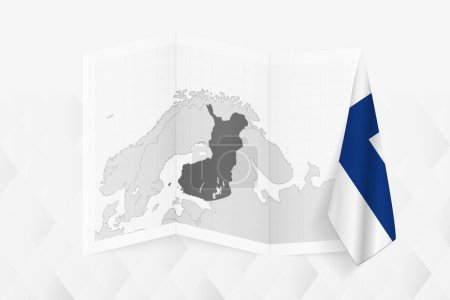 Illustration for A grayscale map of Finland with a hanging Finnish flag on one side. Vector map for many types of news. - Royalty Free Image
