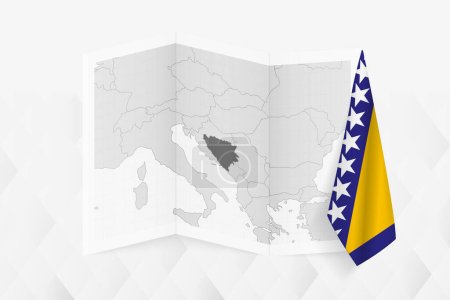 Téléchargez les illustrations : Carte en niveaux de gris de la Bosnie-Herzégovine avec un drapeau bosniaque et yougoslave suspendu d'un côté. Carte vectorielle pour de nombreux types de nouvelles. - en licence libre de droit