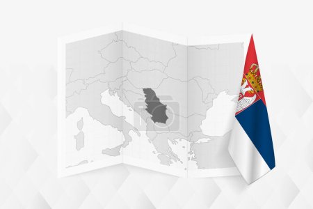 A grayscale map of Serbia with a hanging Serbian flag on one side. Vector map for many types of news.