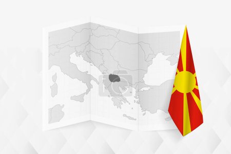 Téléchargez les illustrations : Carte en niveaux de gris de la Macédoine du Nord avec un drapeau macédonien suspendu sur un côté. Carte vectorielle pour de nombreux types de nouvelles. - en licence libre de droit