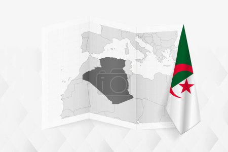 Ilustración de Un mapa a escala de grises de Argelia con una bandera argelina colgada en un lado. Mapa vectorial para muchos tipos de noticias. - Imagen libre de derechos