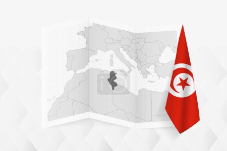 Illustration for A grayscale map of Tunisia with a hanging Tunisian flag on one side. Vector map for many types of news. - Royalty Free Image