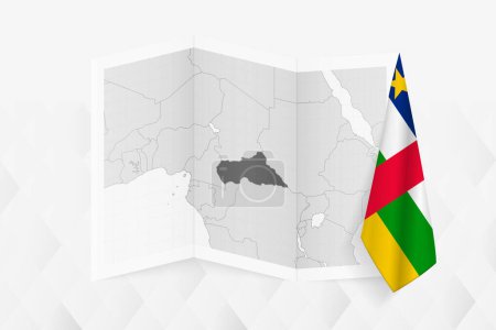 Ilustración de Un mapa a escala de grises de la República Centroafricana con una bandera centroafricana colgada en un lado. Mapa vectorial para muchos tipos de noticias. - Imagen libre de derechos
