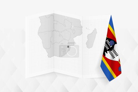 Téléchargez les illustrations : Une carte en niveaux de gris du Swaziland avec un drapeau swazi suspendu sur un côté. Carte vectorielle pour de nombreux types de nouvelles. - en licence libre de droit