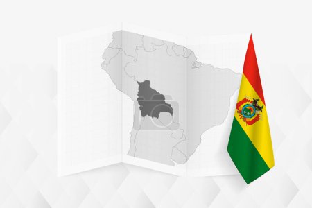 Téléchargez les illustrations : Carte en niveaux de gris de la Bolivie avec un drapeau bolivien suspendu d'un côté. Carte vectorielle pour de nombreux types de nouvelles. - en licence libre de droit