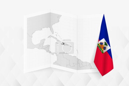 Illustration for A grayscale map of Haiti with a hanging Haitian flag on one side. Vector map for many types of news. - Royalty Free Image