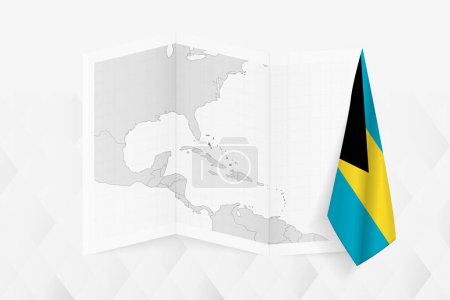 Illustration for A grayscale map of The Bahamas with a hanging Bahamian flag on one side. Vector map for many types of news. - Royalty Free Image