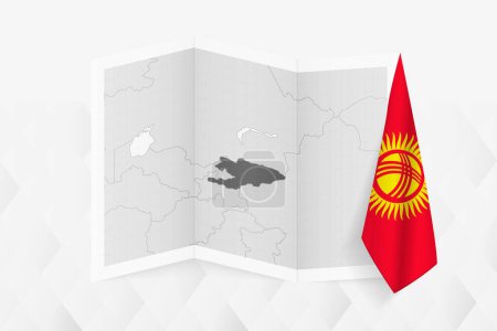 Téléchargez les illustrations : Une carte en niveaux de gris du Kirghizistan avec un drapeau kirghize suspendu d'un côté. Carte vectorielle pour de nombreux types de nouvelles. - en licence libre de droit