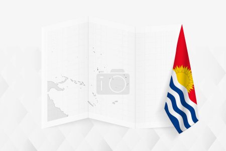 Illustration for A grayscale map of Kiribati with a hanging Kiribati flag on one side. Vector map for many types of news. - Royalty Free Image