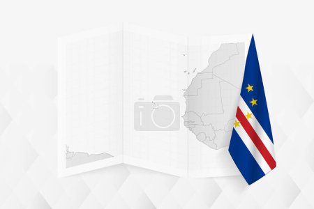 Illustration for A grayscale map of Cape Verde with a hanging Cape Verde flag on one side. Vector map for many types of news. - Royalty Free Image