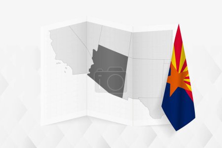 Illustration for A grayscale map of Arizona with a hanging Arizona flag on one side. Vector map for many types of news. - Royalty Free Image