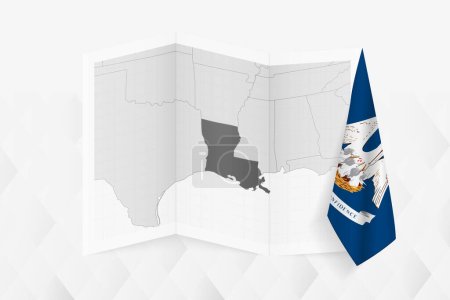 Téléchargez les illustrations : Une carte en niveaux de gris de la Louisiane avec un drapeau suspendu de la Louisiane sur un côté. Carte vectorielle pour de nombreux types de nouvelles. - en licence libre de droit