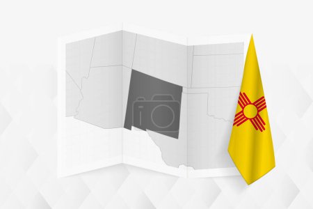 Ilustración de Un mapa a escala de grises de Nuevo México con una bandera colgante de Nuevo México en un lado. Mapa vectorial para muchos tipos de noticias. - Imagen libre de derechos