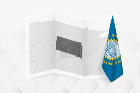 Illustration for A grayscale map of South Dakota with a hanging South Dakota flag on one side. Vector map for many types of news. - Royalty Free Image