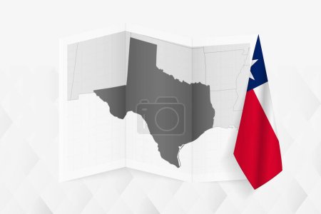 Ilustración de Un mapa a escala de grises de Texas con una bandera de Texas colgada en un lado. Mapa vectorial para muchos tipos de noticias. - Imagen libre de derechos