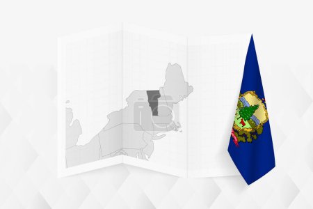 Ilustración de Un mapa a escala de grises de Vermont con una bandera colgante de Vermont en un lado. Mapa vectorial para muchos tipos de noticias. - Imagen libre de derechos