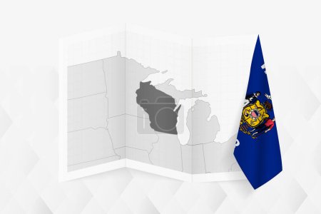 Ilustración de Un mapa a escala de grises de Wisconsin con una bandera colgante de Wisconsin en un lado. Mapa vectorial para muchos tipos de noticias. - Imagen libre de derechos