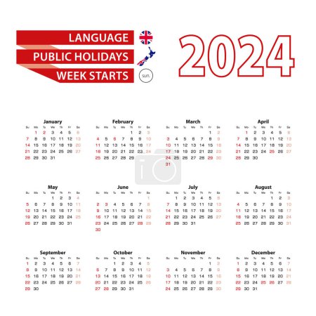 Illustration for Calendar 2024 in English language with public holidays the country of New Zealand in year 2024. - Royalty Free Image