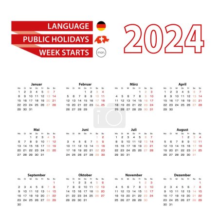 Illustration for Calendar 2024 in Germany language with public holidays the country of Switzerland in year 2024. - Royalty Free Image