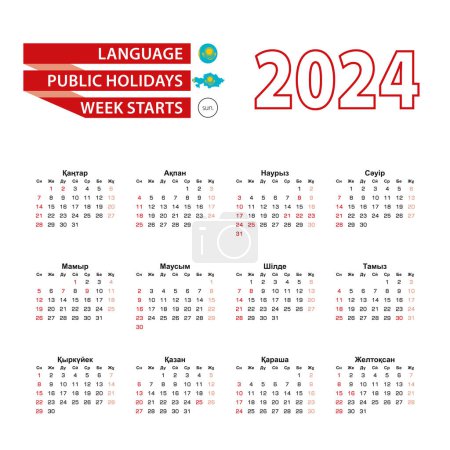 Téléchargez les illustrations : Calendrier 2024 en langue kazakhe avec jours fériés le pays du Kazakhstan en 2024. - en licence libre de droit