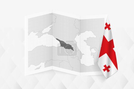 Illustration for A grayscale map of Georgia with a hanging Georgian flag on one side. Vector map for many types of news. - Royalty Free Image
