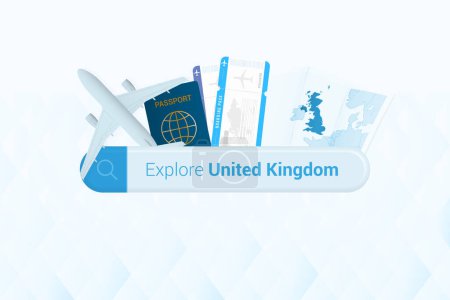 Ilustración de Buscando boletos a Reino Unido o destino de viaje en Reino Unido. Barra de búsqueda con avión, pasaporte, tarjeta de embarque, billetes y mapa. - Imagen libre de derechos